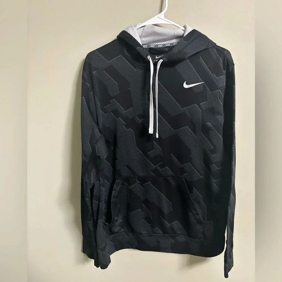 Nike Therma Fit Hoodie Medium Black Gray Logo Geometrical Sweatshirt Athletic - Picture 1 of 6